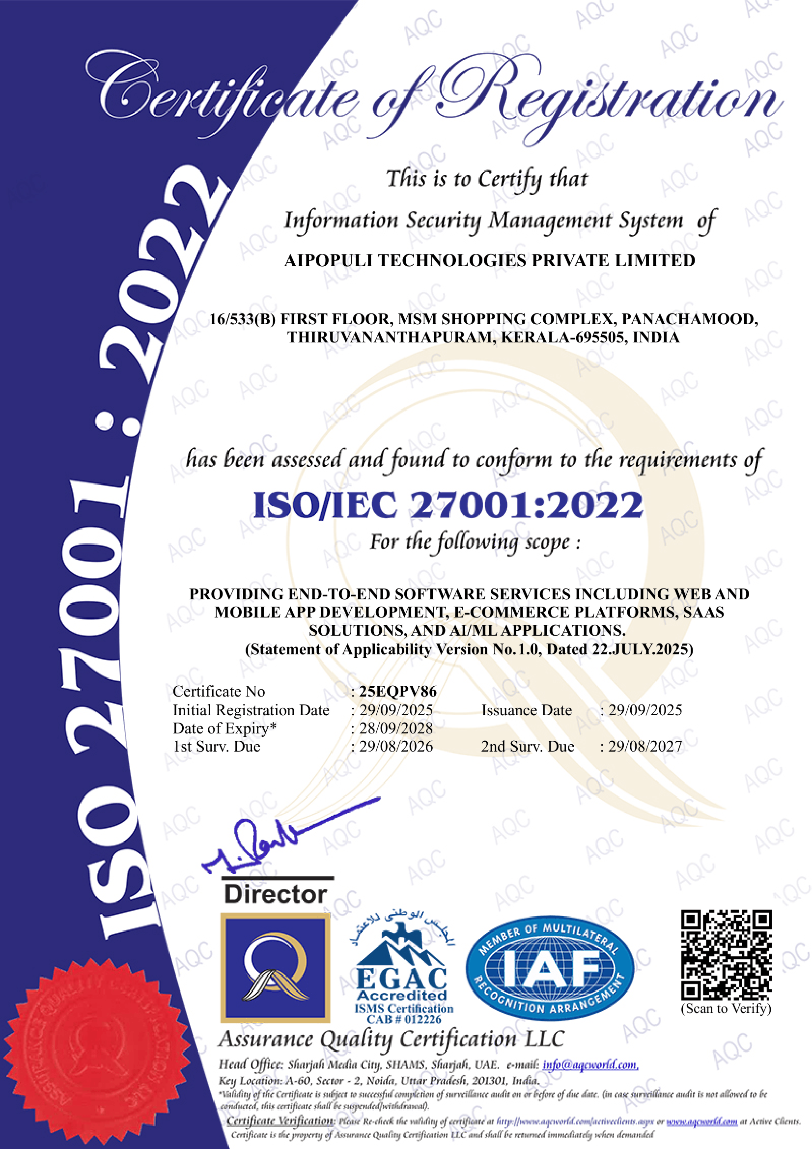 ISO/IEC 27001:2022 — Information Security Management certificate of registration